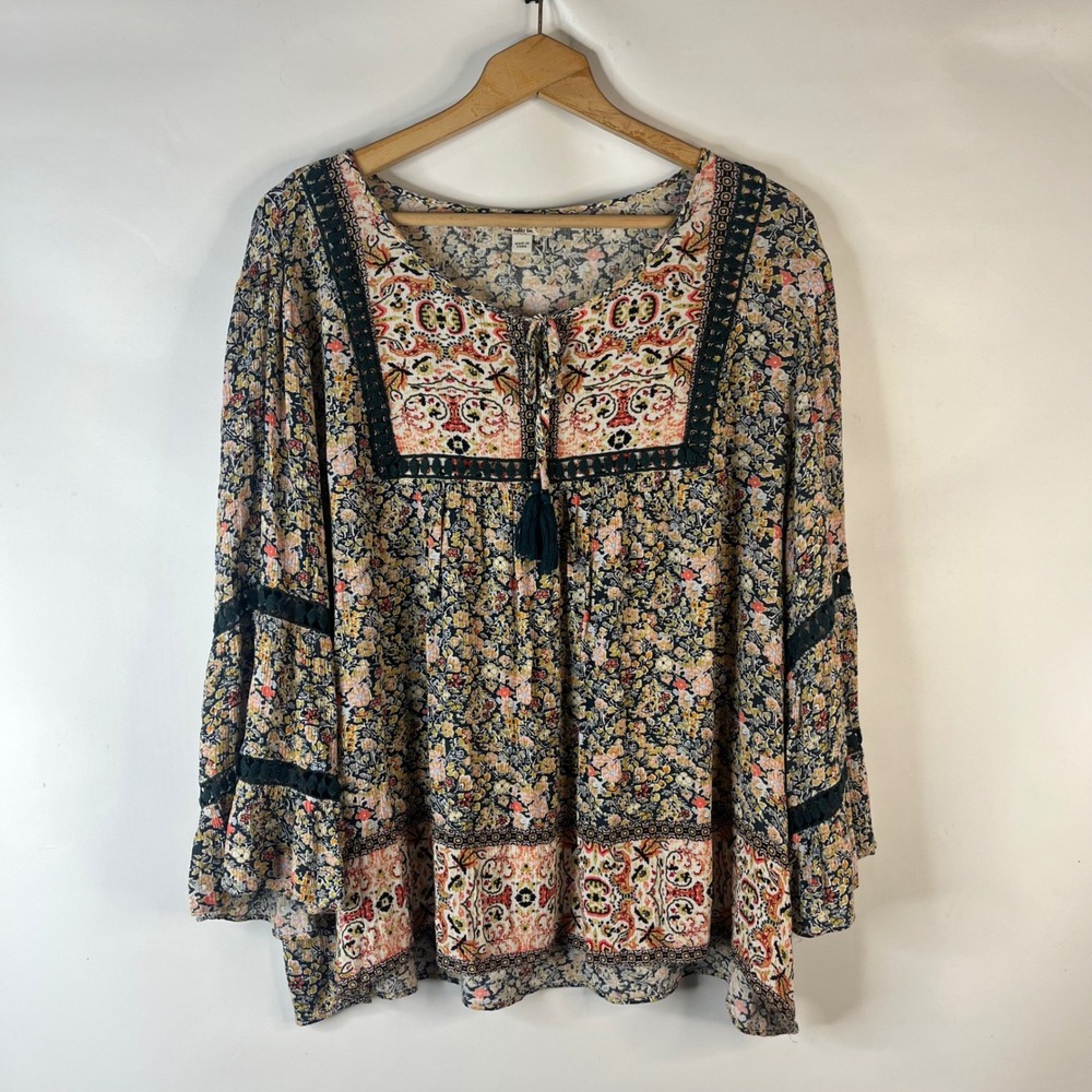 One World Peasant Blouse Women XXXL Multi Floral Boho Bell Sleeve Tassel Top